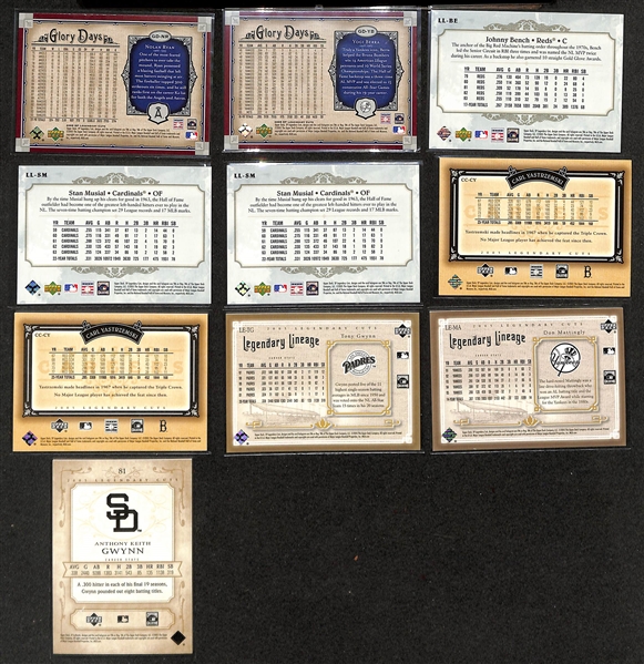 2005 Upper Deck SP Legendary Cuts Complete Base Set of 100 Cards w. (60+) Numbered Inserts of Ryan, Berra, Bench, (2) Musial, (2) Yastrzemski, (2) Gwynn, Mattingly, +