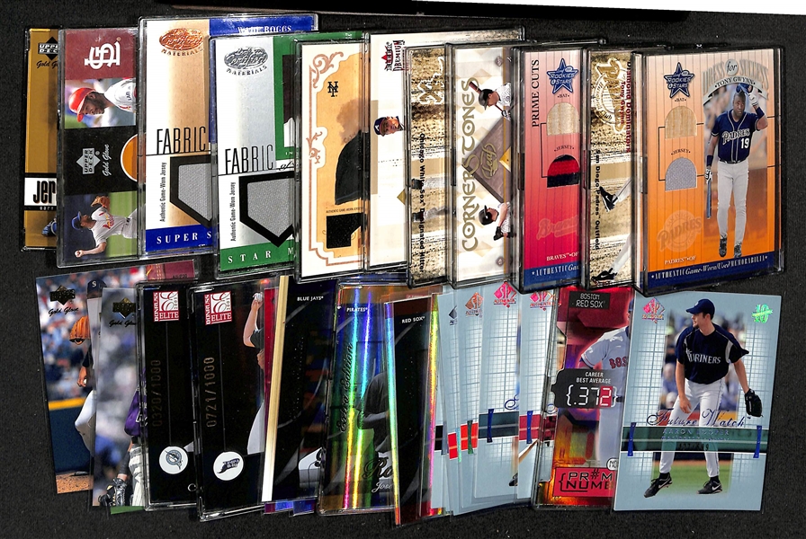 Lot of (33) Baseball Relic/Insert/Numbered Cards w. 2001 Leaf/Donruss Rookies & Stars Tony Gwynn Game-Worn Bat/Jersey Card