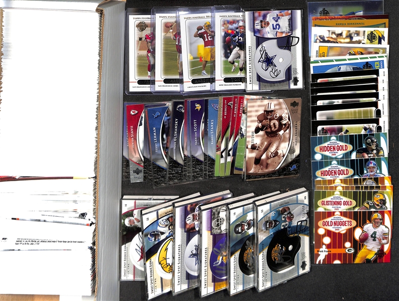 Lot of (140)+ 2004 UD Sweet Spot Football Cards Plus a 2005 Topps 50th Anniversary Football Complete Set w. Tom Brady, Aaron Rodgers RC and Randy White Auto