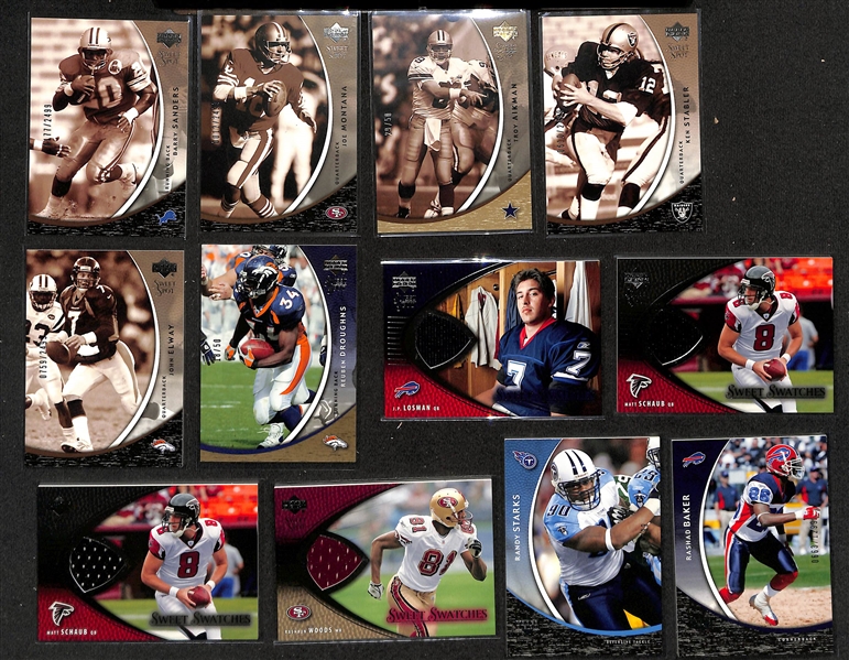 Lot of (140)+ 2004 UD Sweet Spot Football Cards Plus a 2005 Topps 50th Anniversary Football Complete Set w. Tom Brady, Aaron Rodgers RC and Randy White Auto