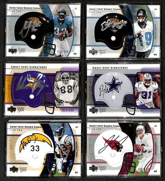 Lot of (140)+ 2004 UD Sweet Spot Football Cards Plus a 2005 Topps 50th Anniversary Football Complete Set w. Tom Brady, Aaron Rodgers RC and Randy White Auto