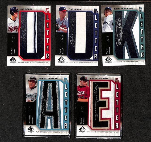 Lot of (5) 2006 SP Authentic By The Letter Numbered Autograph Patch Cards w. Cabrera, Clemens, Mauer, Hernandez, Hudson