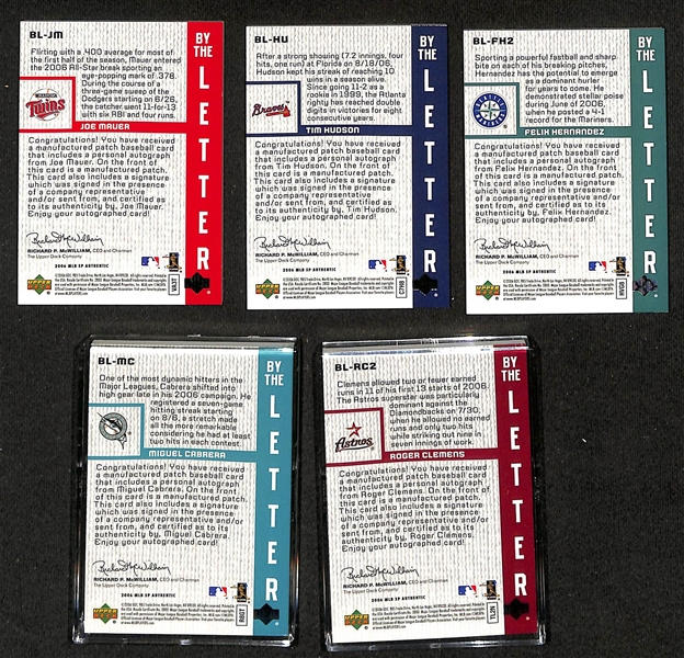 Lot of (5) 2006 SP Authentic By The Letter Numbered Autograph Patch Cards w. Cabrera, Clemens, Mauer, Hernandez, Hudson