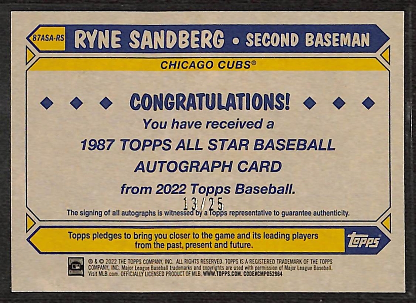 2022 Topps Ryne Sandberg Autograph Card #13/25