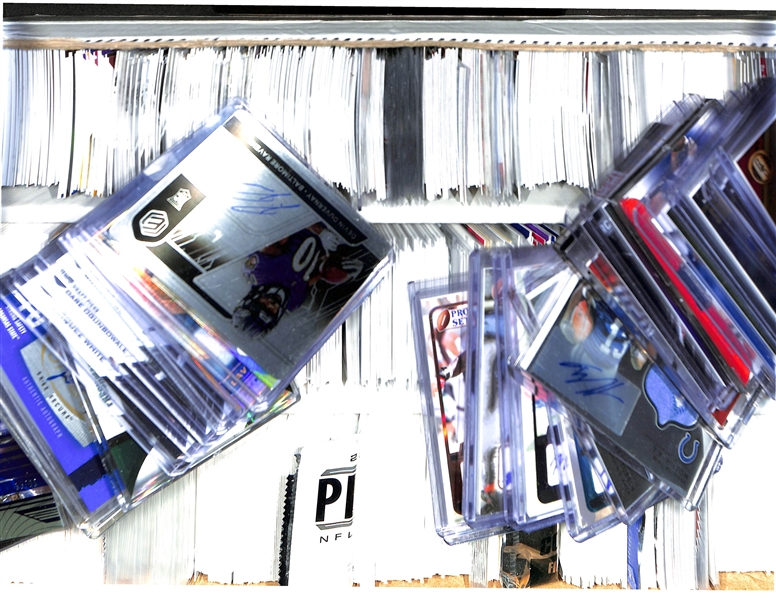 Large Collection (3-Row Box) of Modern Football Cards w. 20 Autographs, Inserts (Inc. Gold Label Mahomes Insert #/25, Rookies  (Barkley, J. Allen, L. Jackson, +)