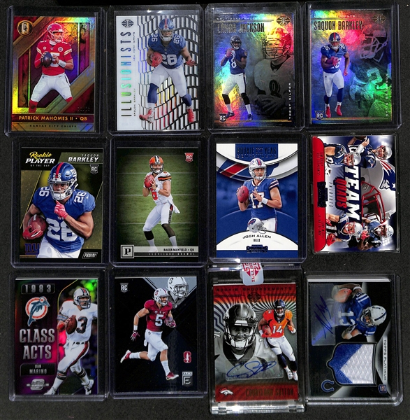 Large Collection (3-Row Box) of Modern Football Cards w. 20 Autographs, Inserts (Inc. Gold Label Mahomes Insert #/25, Rookies  (Barkley, J. Allen, L. Jackson, +)