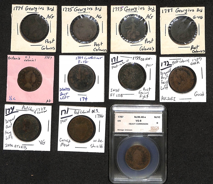 Lot of (11) 1774-1787 Post-Colonial Copper Half Pennies w. 1787 New Jersey SEGS VG-8