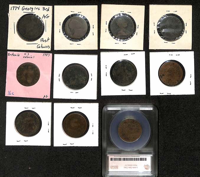 Lot of (11) 1774-1787 Post-Colonial Copper Half Pennies w. 1787 New Jersey SEGS VG-8