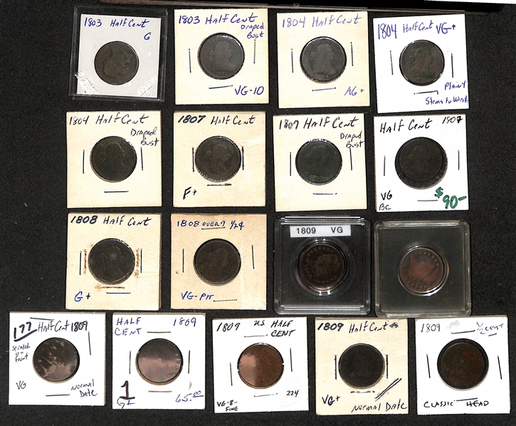 Lot of (10) 1803-1808 Draped Bust 1/2 Cent & (7) 1809 Classic Heads 1/2 Cent