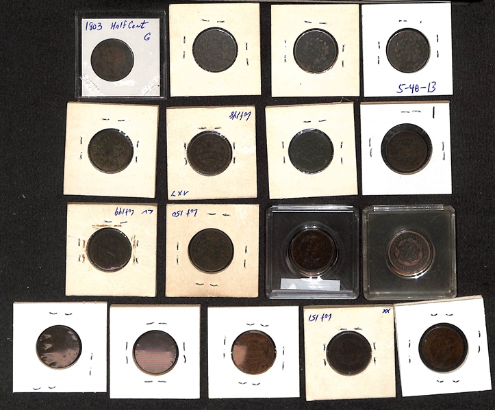 Lot of (10) 1803-1808 Draped Bust 1/2 Cent & (7) 1809 Classic Heads 1/2 Cent
