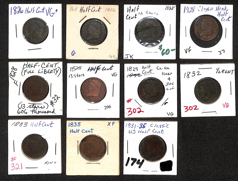Lot of (11) 1826-1835 Classic Head 1/2 Cents 