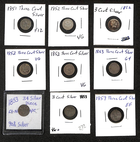 Lot of (9) 1851-1857 Silver 3-Cent Pieces (Trimes) 