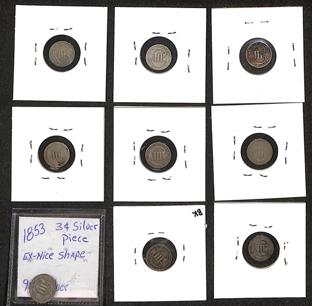 Lot of (9) 1851-1857 Silver 3-Cent Pieces (Trimes) 