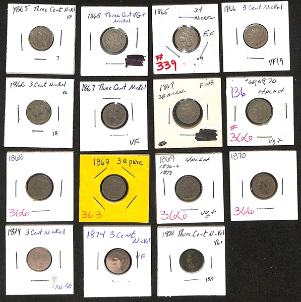 Lot of (15) 1865-1881 Nickel 3-Cent Pieces