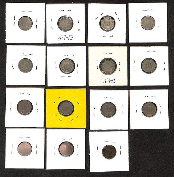 Lot of (15) 1865-1881 Nickel 3-Cent Pieces