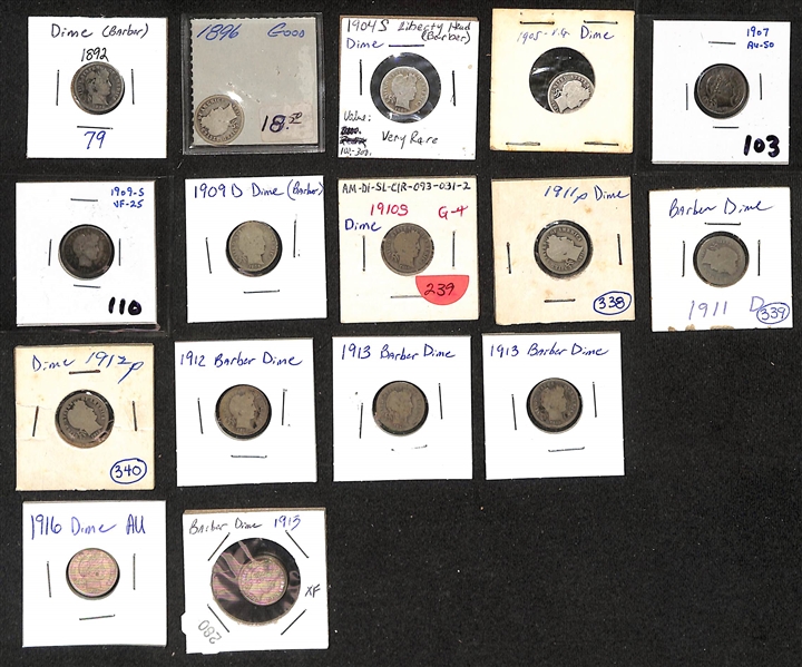Lot of (16) 1892-1916 Silver Barber Dimes w. 1904-S