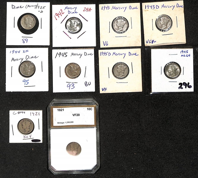 Lot of (10) 1921-1945 Silver Mercury Dimes w. (2) 1921 - (1 Graded VF20)