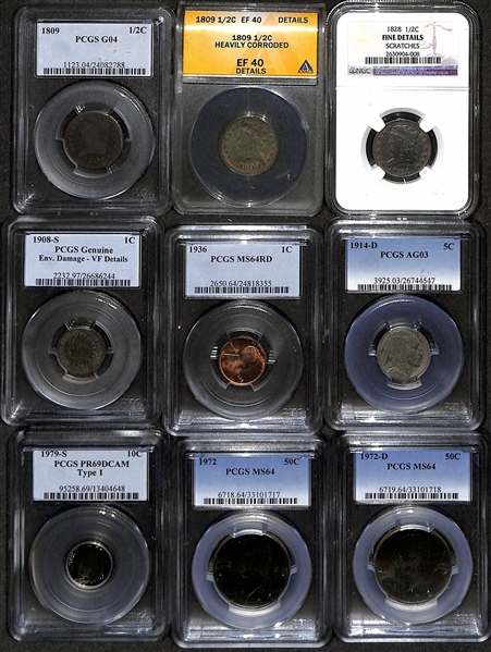 Lot of (9) 1809-1972 Graded Coins w. 1809 1/2 Cent PCGS G04