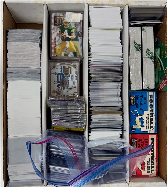 Large Collection (4-Row Box) of 1980s-2024 Football Cards w. Rookies (Sanders, E. Smith, Bo Nix, D. Maye, Aikman, +) 21 Autographs (Inc. Pollard, Njoku), Relics, Inserts & Common Cards (Some Sets & Pa
