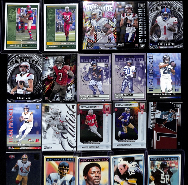 Large Collection (4-Row Box) of 1980s-2024 Football Cards w. Rookies (Sanders, E. Smith, Bo Nix, D. Maye, Aikman, +) 21 Autographs (Inc. Pollard, Njoku), Relics, Inserts & Common Cards (Some Sets & Pa