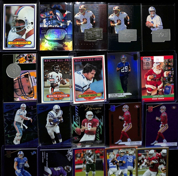 Large Collection (4-Row Box) of 1980s-2024 Football Cards w. Rookies (Sanders, E. Smith, Bo Nix, D. Maye, Aikman, +) 21 Autographs (Inc. Pollard, Njoku), Relics, Inserts & Common Cards (Some Sets & Pa