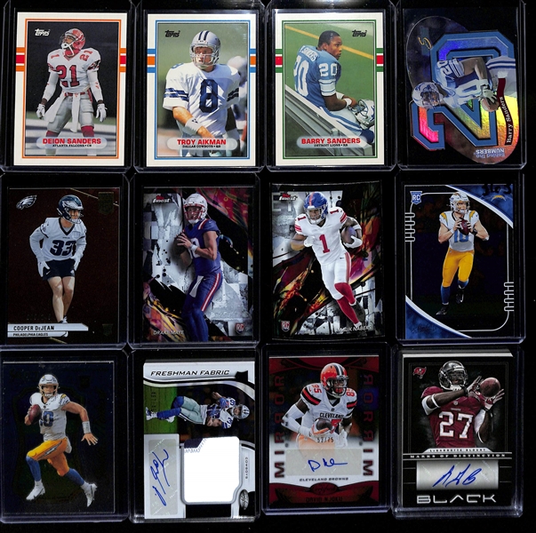 Large Collection (4-Row Box) of 1980s-2024 Football Cards w. Rookies (Sanders, E. Smith, Bo Nix, D. Maye, Aikman, +) 21 Autographs (Inc. Pollard, Njoku), Relics, Inserts & Common Cards (Some Sets & Pa