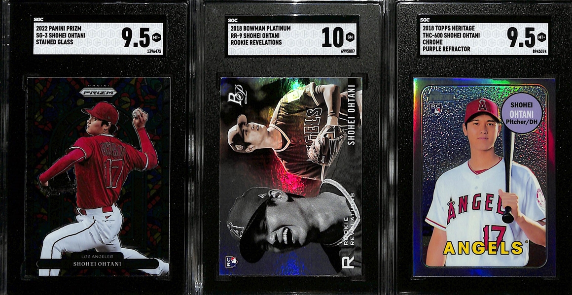 Lot of (3) SGC Graded Shohei Ohtani Cards w. 2018 Topps Heritage RC Chrome Purple Refactor SGC 9.5