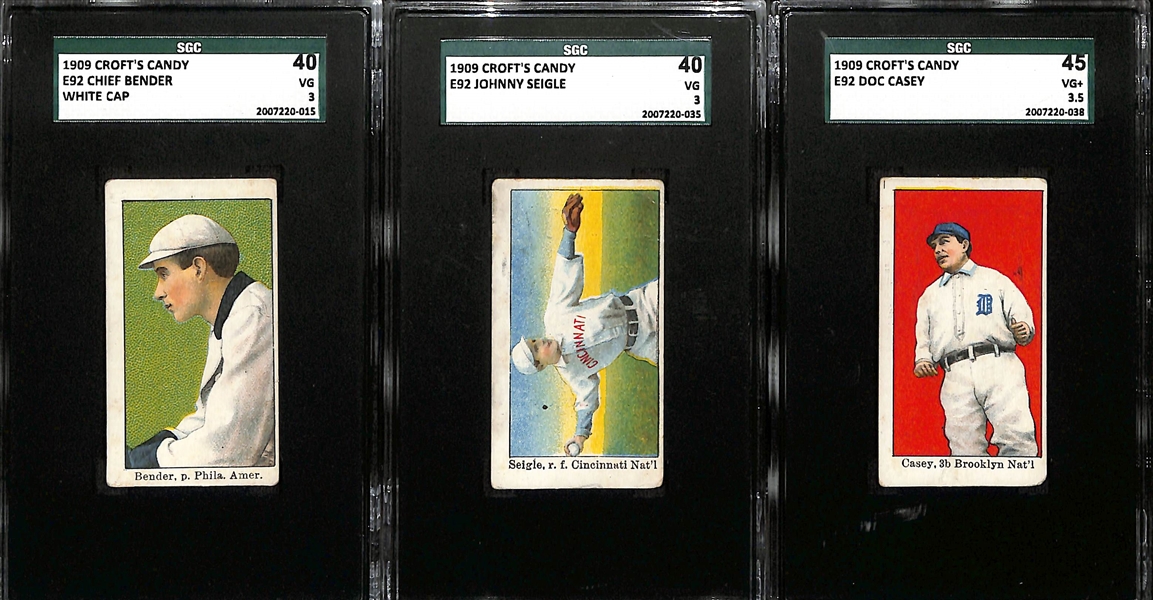 Lot of (3) SGC Graded 1909 Croft's Candy E92 Baseball Cards w. Chief Bender (White Cap) SGC 3