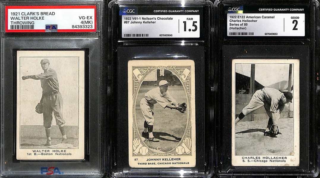 1921-22 Bread/Candy Cards w. 1921 Clark's Bread Walter Holke (Boston Braves, PSA 4MK), 1922 V61-1 Neilson's Chocolates Johnny Kelleher (Cub, CGC 1.5), 1921 E121 American Caramel Charles Hollocher...