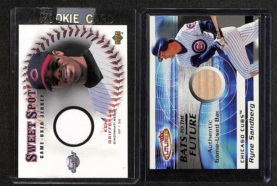 Lot of (18) Game-Used Memorabilia Baseball Cards (some #'d) w. Frank Robinson, Eddie Mathews, & Ken Griffey Jr. 