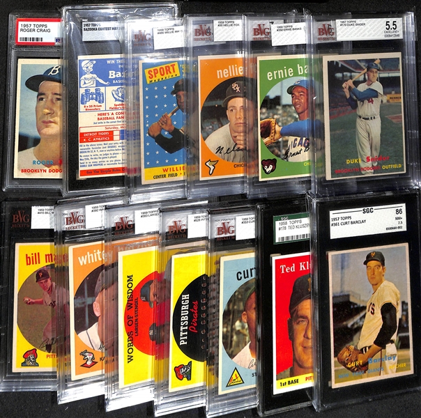 Lot of (13) Graded 1967 Topps Baseball Cards w. HOFers Duke Snider BVG 5.5 & Ernie Banks BVG 6