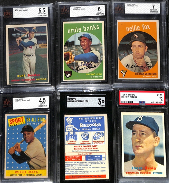 Lot of (13) Graded 1967 Topps Baseball Cards w. HOFers Duke Snider BVG 5.5 & Ernie Banks BVG 6