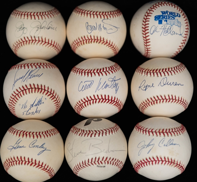 Lot of (9) Philadelphia Phillies Signed Baseballs w. Steve Bedrosian, Johnny Callison, Tommy Greene  + (JSA Auction Letter)