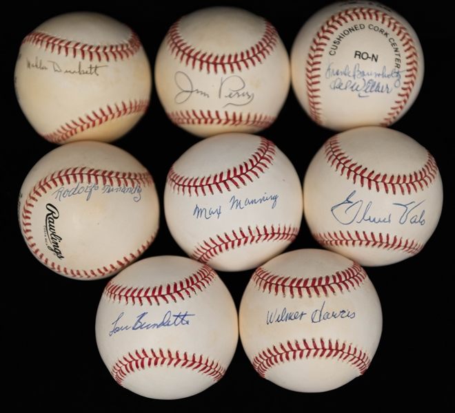 Lot of (8) Old Time Signed Baseballs w. Lou Burdette, the Perry Brothers, + (JSA Auction Letter)
