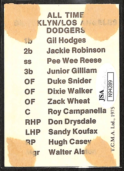 Sandy Koufax Signed 1975 All-Time Dodgers Baseball Card (JSA COA)