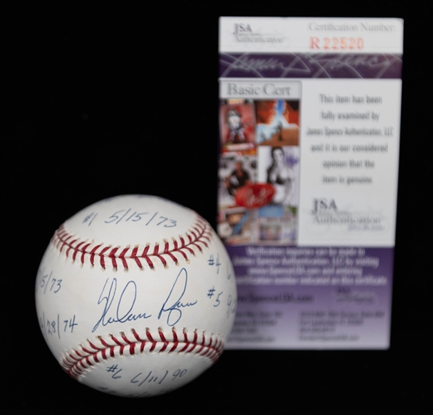 Nolan Ryan No Hitter Dated & Signed Official Major League Baseball Inscribed w. 7 No-Hitters and the Dates of All 7 (JSA COA)