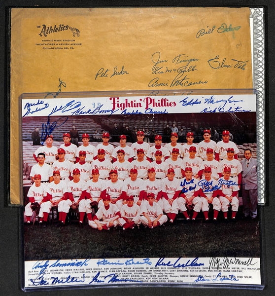 Lot w. 8x10 Reproduction 1950 Fightin' Phillies Photo w. (16) Signatures & 8x10 Early 1950s Athletics Envelope w. (22) Signatures