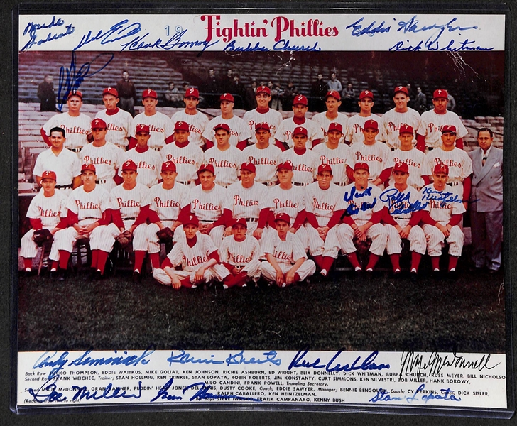 Lot w. 8x10 Reproduction 1950 Fightin' Phillies Photo w. (16) Signatures & 8x10 Early 1950s Athletics Envelope w. (22) Signatures