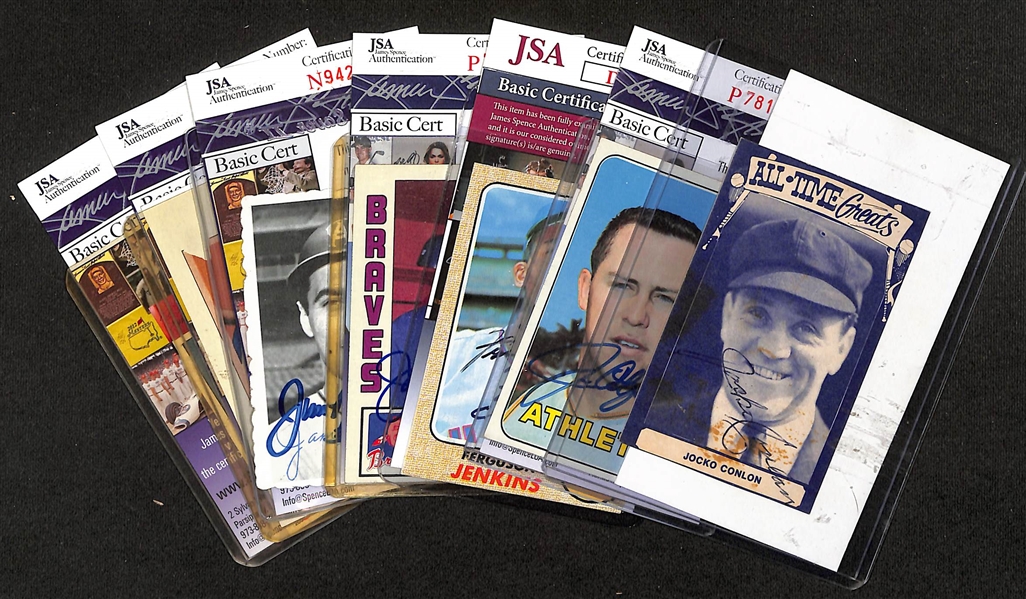 (7) Signed Baseball Cards/Sticker - Jocko Conlon, Jim Catfish Hunter, Fergie Jenkins, Joe Torre, Jim Fregosi, Richie Ashburn, and Tug McGraw (Each w. JSA COA)