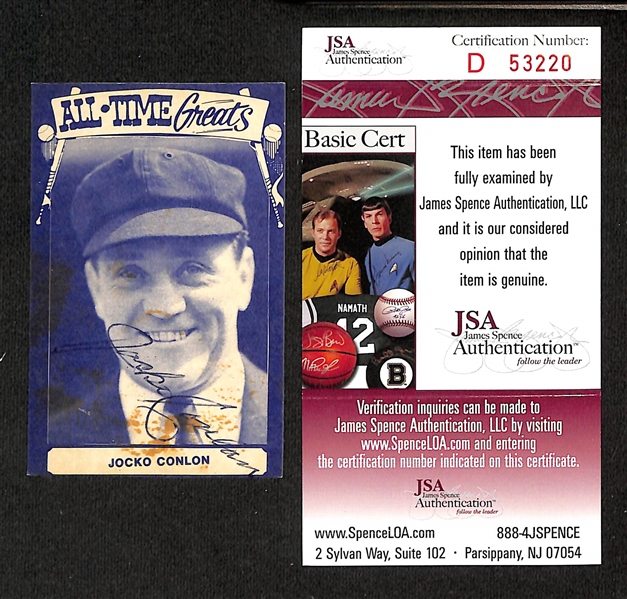 (7) Signed Baseball Cards/Sticker - Jocko Conlon, Jim Catfish Hunter, Fergie Jenkins, Joe Torre, Jim Fregosi, Richie Ashburn, and Tug McGraw (Each w. JSA COA)
