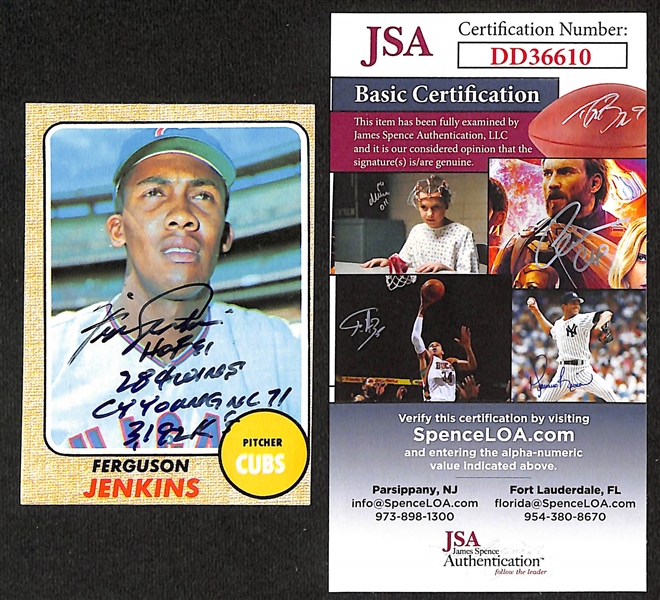 (7) Signed Baseball Cards/Sticker - Jocko Conlon, Jim Catfish Hunter, Fergie Jenkins, Joe Torre, Jim Fregosi, Richie Ashburn, and Tug McGraw (Each w. JSA COA)