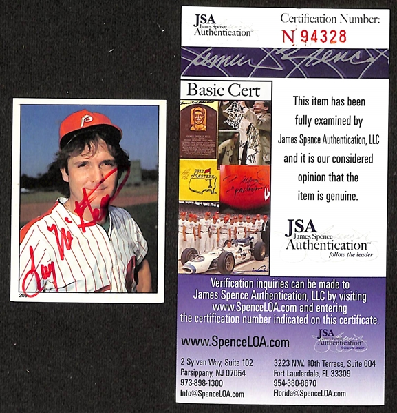 (7) Signed Baseball Cards/Sticker - Jocko Conlon, Jim Catfish Hunter, Fergie Jenkins, Joe Torre, Jim Fregosi, Richie Ashburn, and Tug McGraw (Each w. JSA COA)