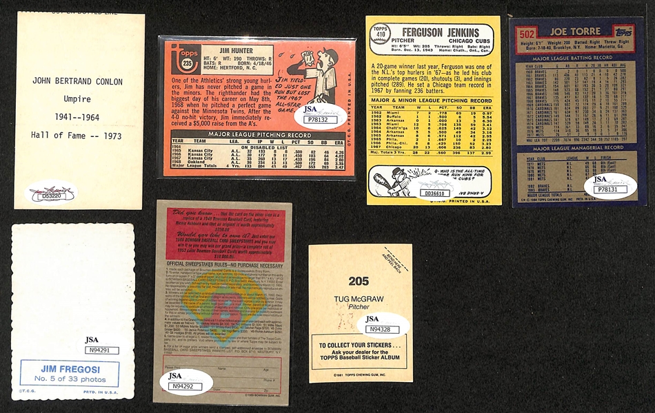 (7) Signed Baseball Cards/Sticker - Jocko Conlon, Jim Catfish Hunter, Fergie Jenkins, Joe Torre, Jim Fregosi, Richie Ashburn, and Tug McGraw (Each w. JSA COA)