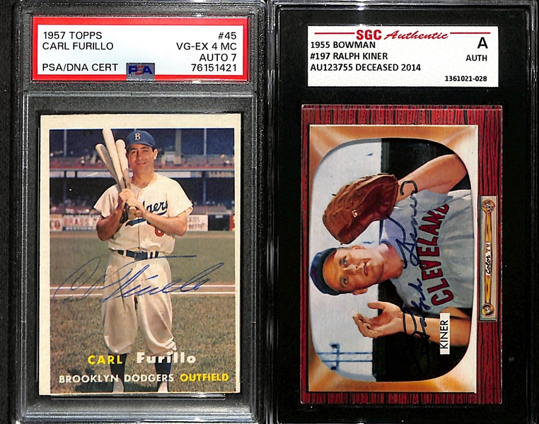 (2) Signed Cards - 1957 Topps Carl Furillo (PSA Card Grade 4, Autograph Grade 7), & 1955 Bowman Ralph Kiner  (SGC Authenticated)