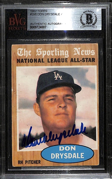 1962 Topps Don Drysdale Signed NL All-Star Card #398 Beckett Authenticated/Slabbed