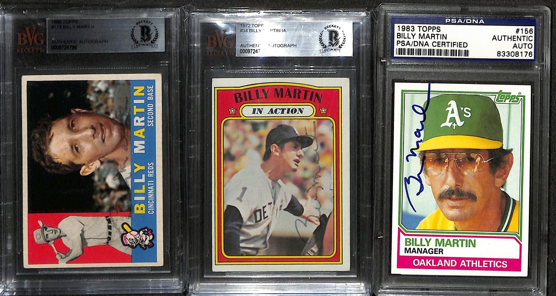 (3) Signed Billy Martin Cards - 1960 Topps (Beckett Slabbed), 1972 Topps In-Action (Beckett Slabbed), 1983 Topps (PSA/DNA Slabbed)