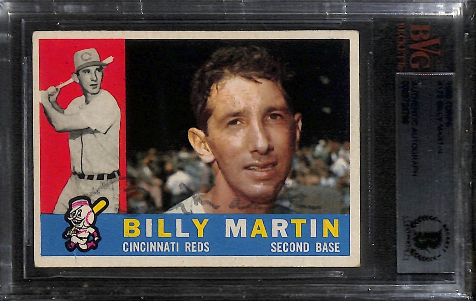 (3) Signed Billy Martin Cards - 1960 Topps (Beckett Slabbed), 1972 Topps In-Action (Beckett Slabbed), 1983 Topps (PSA/DNA Slabbed)