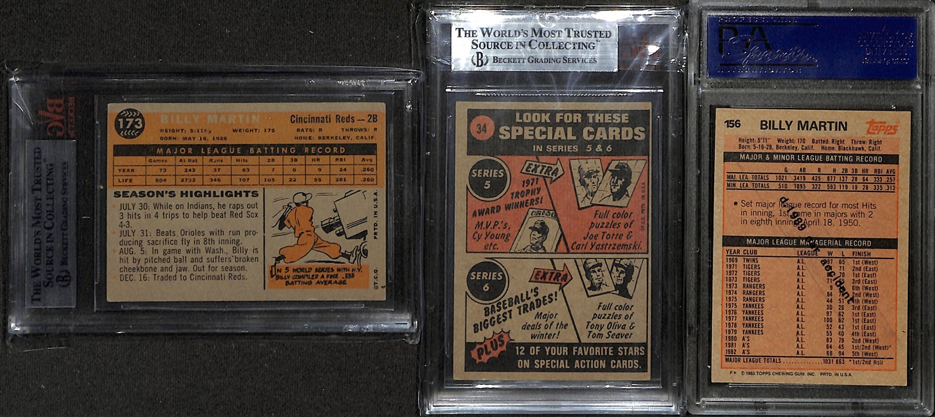 (3) Signed Billy Martin Cards - 1960 Topps (Beckett Slabbed), 1972 Topps In-Action (Beckett Slabbed), 1983 Topps (PSA/DNA Slabbed)