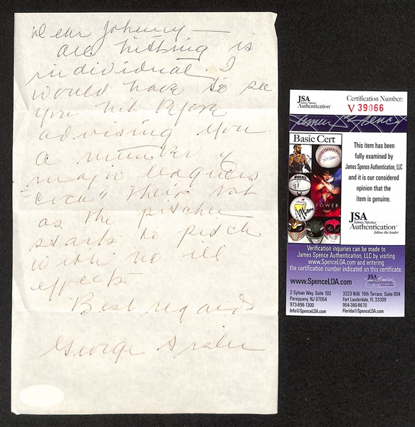 George Sisler (HOF, St Louis Browns) Signed Hand-Written Letter (JSA COA)