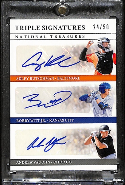 2020 Panini National Treasures Adley Rutschman/Bobby Witt Jr./Andrew Vaughn Triple Autograph #ed/50